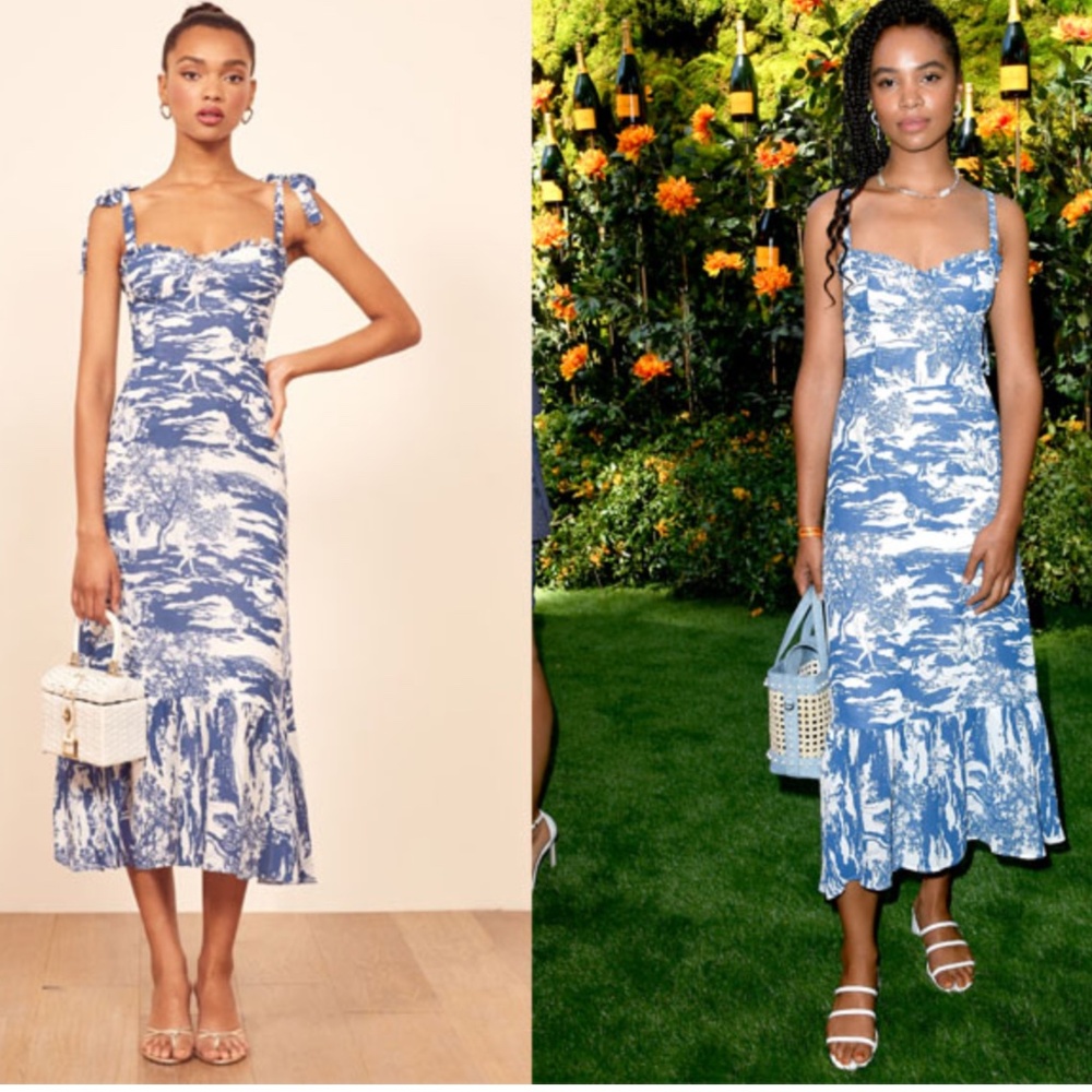 Reformation Blue and White Midi Dress